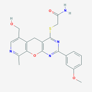 2-{[11-(hydroxymethyl)-5-(3-methoxyphenyl)-14-methyl-2-oxa-4,6,13-triazatricyclo[8.4.0.0^{3,8}]tetradeca-1(10),3(8),4,6,11,13-hexaen-7-yl]sulfanyl}acetamide