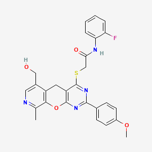 molecular formula C27H23FN4O4S B6510549 N-(2-fluorophenyl)-2-{[11-(hydroxymethyl)-5-(4-methoxyphenyl)-14-methyl-2-oxa-4,6,13-triazatricyclo[8.4.0.0^{3,8}]tetradeca-1(10),3(8),4,6,11,13-hexaen-7-yl]sulfanyl}acetamide CAS No. 892382-20-6