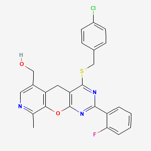 molecular formula C25H19ClFN3O2S B6510561 (7-{[(4-chlorophenyl)methyl]sulfanyl}-5-(2-fluorophenyl)-14-methyl-2-oxa-4,6,13-triazatricyclo[8.4.0.0^{3,8}]tetradeca-1(10),3(8),4,6,11,13-hexaen-11-yl)methanol CAS No. 892414-75-4