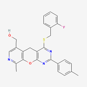 molecular formula C26H22FN3O2S B6510592 (7-{[(2-fluorophenyl)methyl]sulfanyl}-14-methyl-5-(4-methylphenyl)-2-oxa-4,6,13-triazatricyclo[8.4.0.0^{3,8}]tetradeca-1(10),3(8),4,6,11,13-hexaen-11-yl)methanol CAS No. 892416-95-4