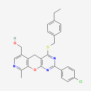 [5-(4-chlorophenyl)-7-{[(4-ethylphenyl)methyl]sulfanyl}-14-methyl-2-oxa-4,6,13-triazatricyclo[8.4.0.0^{3,8}]tetradeca-1(10),3(8),4,6,11,13-hexaen-11-yl]methanol