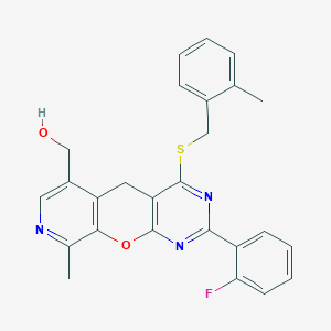 molecular formula C26H22FN3O2S B6510613 [5-(2-fluorophenyl)-14-methyl-7-{[(2-methylphenyl)methyl]sulfanyl}-2-oxa-4,6,13-triazatricyclo[8.4.0.0^{3,8}]tetradeca-1(10),3(8),4,6,11,13-hexaen-11-yl]methanol CAS No. 892417-69-5