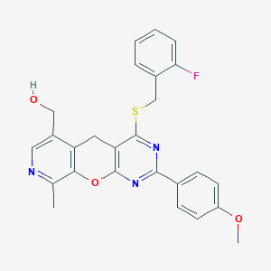 molecular formula C26H22FN3O3S B6510619 (7-{[(2-fluorophenyl)methyl]sulfanyl}-5-(4-methoxyphenyl)-14-methyl-2-oxa-4,6,13-triazatricyclo[8.4.0.0^{3,8}]tetradeca-1(10),3(8),4,6,11,13-hexaen-11-yl)methanol CAS No. 892418-20-1