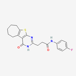 molecular formula C20H20FN3O2S B6511132 N-(4-fluorophenyl)-3-{3-oxo-8-thia-4,6-diazatricyclo[7.5.0.0^{2,7}]tetradeca-1(9),2(7),5-trien-5-yl}propanamide CAS No. 950443-60-4