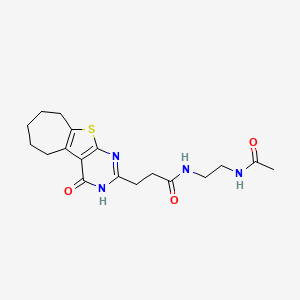 molecular formula C18H24N4O3S B6511184 N-(2-acetamidoethyl)-3-{3-oxo-8-thia-4,6-diazatricyclo[7.5.0.0^{2,7}]tetradeca-1(9),2(7),5-trien-5-yl}propanamide CAS No. 950414-77-4