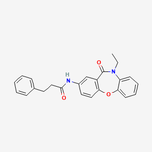 molecular formula C24H22N2O3 B6511409 N-{9-ethyl-10-oxo-2-oxa-9-azatricyclo[9.4.0.0^{3,8}]pentadeca-1(11),3(8),4,6,12,14-hexaen-13-yl}-3-phenylpropanamide CAS No. 921890-29-1