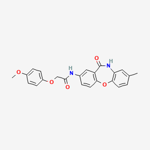 molecular formula C23H20N2O5 B6511421 2-(4-methoxyphenoxy)-N-{6-methyl-10-oxo-2-oxa-9-azatricyclo[9.4.0.0^{3,8}]pentadeca-1(11),3(8),4,6,12,14-hexaen-13-yl}acetamide CAS No. 922031-29-6
