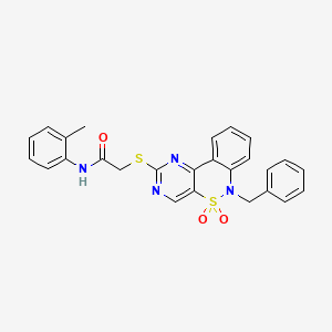 molecular formula C26H22N4O3S2 B6511678 2-({9-benzyl-8,8-dioxo-8lambda6-thia-3,5,9-triazatricyclo[8.4.0.0^{2,7}]tetradeca-1(14),2(7),3,5,10,12-hexaen-4-yl}sulfanyl)-N-(2-methylphenyl)acetamide CAS No. 932313-35-4