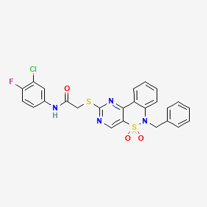 2-({9-benzyl-8,8-dioxo-8lambda6-thia-3,5,9-triazatricyclo[8.4.0.0^{2,7}]tetradeca-1(14),2(7),3,5,10,12-hexaen-4-yl}sulfanyl)-N-(3-chloro-4-fluorophenyl)acetamide