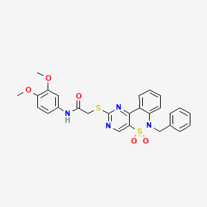 2-({9-benzyl-8,8-dioxo-8lambda6-thia-3,5,9-triazatricyclo[8.4.0.0^{2,7}]tetradeca-1(14),2(7),3,5,10,12-hexaen-4-yl}sulfanyl)-N-(3,4-dimethoxyphenyl)acetamide