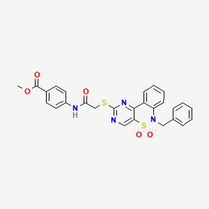 molecular formula C27H22N4O5S2 B6511694 methyl 4-[2-({9-benzyl-8,8-dioxo-8lambda6-thia-3,5,9-triazatricyclo[8.4.0.0^{2,7}]tetradeca-1(14),2(7),3,5,10,12-hexaen-4-yl}sulfanyl)acetamido]benzoate CAS No. 932448-65-2
