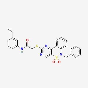 molecular formula C27H24N4O3S2 B6511698 2-({9-benzyl-8,8-dioxo-8lambda6-thia-3,5,9-triazatricyclo[8.4.0.0^{2,7}]tetradeca-1(14),2(7),3,5,10,12-hexaen-4-yl}sulfanyl)-N-(3-ethylphenyl)acetamide CAS No. 932528-92-2