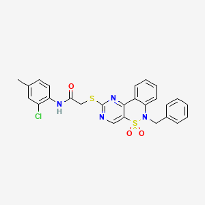 2-({9-benzyl-8,8-dioxo-8lambda6-thia-3,5,9-triazatricyclo[8.4.0.0^{2,7}]tetradeca-1(14),2(7),3,5,10,12-hexaen-4-yl}sulfanyl)-N-(2-chloro-4-methylphenyl)acetamide