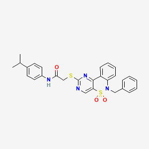 molecular formula C28H26N4O3S2 B6511712 2-({9-benzyl-8,8-dioxo-8lambda6-thia-3,5,9-triazatricyclo[8.4.0.0^{2,7}]tetradeca-1(14),2(7),3,5,10,12-hexaen-4-yl}sulfanyl)-N-[4-(propan-2-yl)phenyl]acetamide CAS No. 932475-96-2