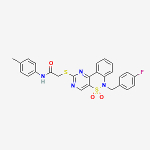 molecular formula C26H21FN4O3S2 B6511713 2-({9-[(4-fluorophenyl)methyl]-8,8-dioxo-8lambda6-thia-3,5,9-triazatricyclo[8.4.0.0^{2,7}]tetradeca-1(14),2(7),3,5,10,12-hexaen-4-yl}sulfanyl)-N-(4-methylphenyl)acetamide CAS No. 895097-65-1