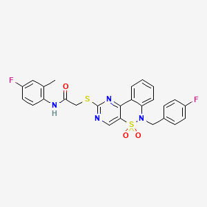 molecular formula C26H20F2N4O3S2 B6511714 N-(4-fluoro-2-methylphenyl)-2-({9-[(4-fluorophenyl)methyl]-8,8-dioxo-8lambda6-thia-3,5,9-triazatricyclo[8.4.0.0^{2,7}]tetradeca-1(14),2(7),3,5,10,12-hexaen-4-yl}sulfanyl)acetamide CAS No. 932313-68-3