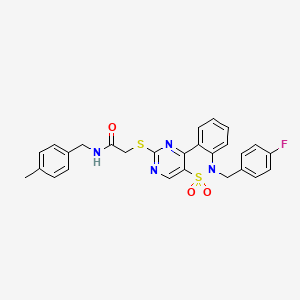 molecular formula C27H23FN4O3S2 B6511721 2-({9-[(4-fluorophenyl)methyl]-8,8-dioxo-8lambda6-thia-3,5,9-triazatricyclo[8.4.0.0^{2,7}]tetradeca-1(14),2(7),3,5,10,12-hexaen-4-yl}sulfanyl)-N-[(4-methylphenyl)methyl]acetamide CAS No. 895098-57-4