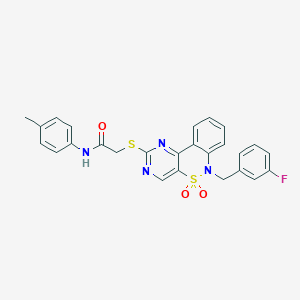 molecular formula C26H21FN4O3S2 B6511730 2-({9-[(3-fluorophenyl)methyl]-8,8-dioxo-8lambda6-thia-3,5,9-triazatricyclo[8.4.0.0^{2,7}]tetradeca-1(14),2(7),3,5,10,12-hexaen-4-yl}sulfanyl)-N-(4-methylphenyl)acetamide CAS No. 895098-92-7