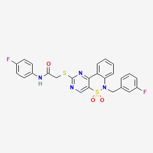 molecular formula C25H18F2N4O3S2 B6511732 N-(4-fluorophenyl)-2-({9-[(3-fluorophenyl)methyl]-8,8-dioxo-8lambda6-thia-3,5,9-triazatricyclo[8.4.0.0^{2,7}]tetradeca-1(14),2(7),3,5,10,12-hexaen-4-yl}sulfanyl)acetamide CAS No. 895099-37-3