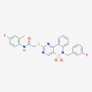 molecular formula C26H20F2N4O3S2 B6511735 N-(4-fluoro-2-methylphenyl)-2-({9-[(3-fluorophenyl)methyl]-8,8-dioxo-8lambda6-thia-3,5,9-triazatricyclo[8.4.0.0^{2,7}]tetradeca-1(14),2(7),3,5,10,12-hexaen-4-yl}sulfanyl)acetamide CAS No. 932476-11-4
