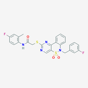 N-(4-fluoro-2-methylphenyl)-2-({9-[(3-fluorophenyl)methyl]-8,8-dioxo-8lambda6-thia-3,5,9-triazatricyclo[8.4.0.0^{2,7}]tetradeca-1(14),2(7),3,5,10,12-hexaen-4-yl}sulfanyl)acetamide