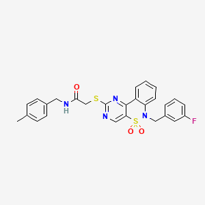 molecular formula C27H23FN4O3S2 B6511736 2-({9-[(3-fluorophenyl)methyl]-8,8-dioxo-8lambda6-thia-3,5,9-triazatricyclo[8.4.0.0^{2,7}]tetradeca-1(14),2(7),3,5,10,12-hexaen-4-yl}sulfanyl)-N-[(4-methylphenyl)methyl]acetamide CAS No. 932313-77-4