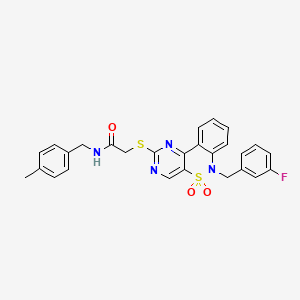 2-({9-[(3-fluorophenyl)methyl]-8,8-dioxo-8lambda6-thia-3,5,9-triazatricyclo[8.4.0.0^{2,7}]tetradeca-1(14),2(7),3,5,10,12-hexaen-4-yl}sulfanyl)-N-[(4-methylphenyl)methyl]acetamide