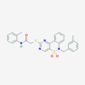 molecular formula C27H24N4O3S2 B6511738 N-(2-methylphenyl)-2-({9-[(3-methylphenyl)methyl]-8,8-dioxo-8lambda6-thia-3,5,9-triazatricyclo[8.4.0.0^{2,7}]tetradeca-1(14),2(7),3,5,10,12-hexaen-4-yl}sulfanyl)acetamide CAS No. 932476-18-1