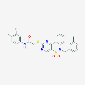 molecular formula C27H23FN4O3S2 B6511744 N-(3-fluoro-4-methylphenyl)-2-({9-[(3-methylphenyl)methyl]-8,8-dioxo-8lambda6-thia-3,5,9-triazatricyclo[8.4.0.0^{2,7}]tetradeca-1(14),2(7),3,5,10,12-hexaen-4-yl}sulfanyl)acetamide CAS No. 932476-26-1