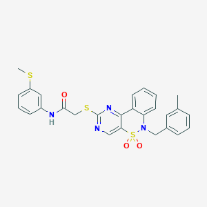 molecular formula C27H24N4O3S3 B6511750 2-({9-[(3-methylphenyl)methyl]-8,8-dioxo-8lambda6-thia-3,5,9-triazatricyclo[8.4.0.0^{2,7}]tetradeca-1(14),2(7),3,5,10,12-hexaen-4-yl}sulfanyl)-N-[3-(methylsulfanyl)phenyl]acetamide CAS No. 895099-87-3