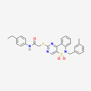 molecular formula C28H26N4O3S2 B6511753 N-(4-ethylphenyl)-2-({9-[(3-methylphenyl)methyl]-8,8-dioxo-8lambda6-thia-3,5,9-triazatricyclo[8.4.0.0^{2,7}]tetradeca-1(14),2(7),3,5,10,12-hexaen-4-yl}sulfanyl)acetamide CAS No. 932449-13-3