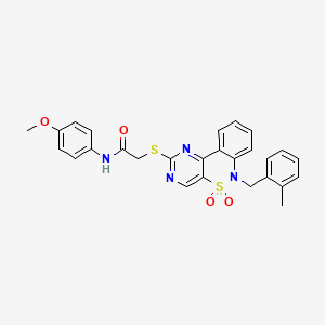molecular formula C27H24N4O4S2 B6511755 N-(4-methoxyphenyl)-2-({9-[(2-methylphenyl)methyl]-8,8-dioxo-8lambda6-thia-3,5,9-triazatricyclo[8.4.0.0^{2,7}]tetradeca-1(14),2(7),3,5,10,12-hexaen-4-yl}sulfanyl)acetamide CAS No. 895100-23-9