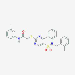 molecular formula C27H24N4O3S2 B6511763 N-(3-methylphenyl)-2-({9-[(2-methylphenyl)methyl]-8,8-dioxo-8lambda6-thia-3,5,9-triazatricyclo[8.4.0.0^{2,7}]tetradeca-1(14),2(7),3,5,10,12-hexaen-4-yl}sulfanyl)acetamide CAS No. 895100-03-5