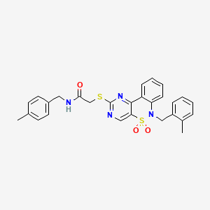 molecular formula C28H26N4O3S2 B6511771 N-[(4-methylphenyl)methyl]-2-({9-[(2-methylphenyl)methyl]-8,8-dioxo-8lambda6-thia-3,5,9-triazatricyclo[8.4.0.0^{2,7}]tetradeca-1(14),2(7),3,5,10,12-hexaen-4-yl}sulfanyl)acetamide CAS No. 895101-28-7