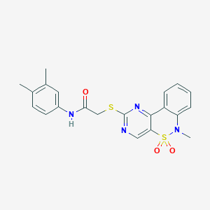 N-(3,4-dimethylphenyl)-2-({9-methyl-8,8-dioxo-8lambda6-thia-3,5,9-triazatricyclo[8.4.0.0^{2,7}]tetradeca-1(14),2(7),3,5,10,12-hexaen-4-yl}sulfanyl)acetamide