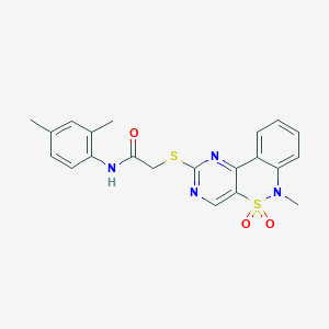 molecular formula C21H20N4O3S2 B6511786 N-(2,4-dimethylphenyl)-2-({9-methyl-8,8-dioxo-8lambda6-thia-3,5,9-triazatricyclo[8.4.0.0^{2,7}]tetradeca-1(14),2(7),3,5,10,12-hexaen-4-yl}sulfanyl)acetamide CAS No. 895103-35-2