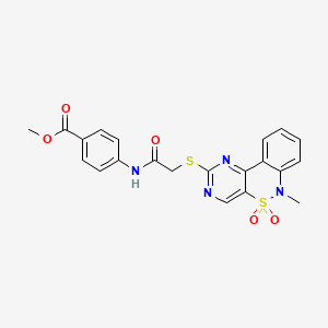molecular formula C21H18N4O5S2 B6511789 methyl 4-[2-({9-methyl-8,8-dioxo-8lambda6-thia-3,5,9-triazatricyclo[8.4.0.0^{2,7}]tetradeca-1(14),2(7),3,5,10,12-hexaen-4-yl}sulfanyl)acetamido]benzoate CAS No. 895103-71-6