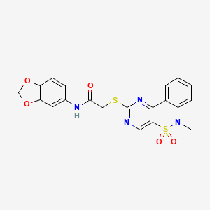 molecular formula C20H16N4O5S2 B6511791 N-(2H-1,3-benzodioxol-5-yl)-2-({9-methyl-8,8-dioxo-8lambda6-thia-3,5,9-triazatricyclo[8.4.0.0^{2,7}]tetradeca-1(14),2(7),3,5,10,12-hexaen-4-yl}sulfanyl)acetamide CAS No. 895103-89-6