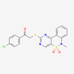 molecular formula C19H14ClN3O3S2 B6511794 4-{[2-(4-chlorophenyl)-2-oxoethyl]sulfanyl}-9-methyl-8lambda6-thia-3,5,9-triazatricyclo[8.4.0.0^{2,7}]tetradeca-1(14),2(7),3,5,10,12-hexaene-8,8-dione CAS No. 895104-32-2