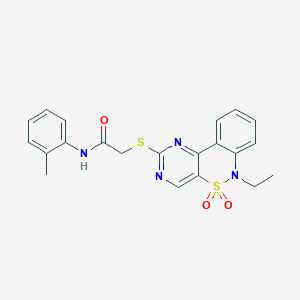 molecular formula C21H20N4O3S2 B6511795 2-({9-ethyl-8,8-dioxo-8lambda6-thia-3,5,9-triazatricyclo[8.4.0.0^{2,7}]tetradeca-1(14),2(7),3,5,10,12-hexaen-4-yl}sulfanyl)-N-(2-methylphenyl)acetamide CAS No. 951478-59-4