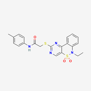 molecular formula C21H20N4O3S2 B6511796 2-({9-ethyl-8,8-dioxo-8lambda6-thia-3,5,9-triazatricyclo[8.4.0.0^{2,7}]tetradeca-1(14),2(7),3,5,10,12-hexaen-4-yl}sulfanyl)-N-(4-methylphenyl)acetamide CAS No. 951512-97-3