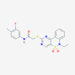 molecular formula C21H19FN4O3S2 B6511799 2-({9-ethyl-8,8-dioxo-8lambda6-thia-3,5,9-triazatricyclo[8.4.0.0^{2,7}]tetradeca-1(14),2(7),3,5,10,12-hexaen-4-yl}sulfanyl)-N-(3-fluoro-4-methylphenyl)acetamide CAS No. 950470-76-5