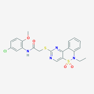 molecular formula C21H19ClN4O4S2 B6511807 N-(5-chloro-2-methoxyphenyl)-2-({9-ethyl-8,8-dioxo-8lambda6-thia-3,5,9-triazatricyclo[8.4.0.0^{2,7}]tetradeca-1(14),2(7),3,5,10,12-hexaen-4-yl}sulfanyl)acetamide CAS No. 951478-74-3