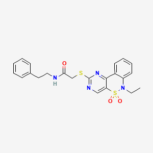 molecular formula C22H22N4O3S2 B6511814 2-({9-ethyl-8,8-dioxo-8lambda6-thia-3,5,9-triazatricyclo[8.4.0.0^{2,7}]tetradeca-1(14),2(7),3,5,10,12-hexaen-4-yl}sulfanyl)-N-(2-phenylethyl)acetamide CAS No. 951513-33-0