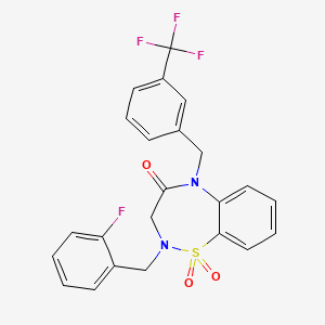 molecular formula C23H18F4N2O3S B6512498 2-[(2-fluorophenyl)methyl]-5-{[3-(trifluoromethyl)phenyl]methyl}-2,3,4,5-tetrahydro-1lambda6,2,5-benzothiadiazepine-1,1,4-trione CAS No. 951598-98-4