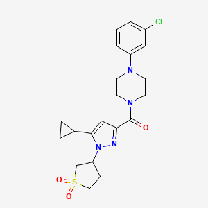 molecular formula C21H25ClN4O3S B6512683 3-{3-[4-(3-chlorophenyl)piperazine-1-carbonyl]-5-cyclopropyl-1H-pyrazol-1-yl}-1lambda6-thiolane-1,1-dione CAS No. 942652-18-8
