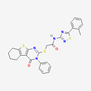 molecular formula C27H23N5O2S3 B6513802 N-[5-(2-methylphenyl)-1,2,4-thiadiazol-3-yl]-2-({3-oxo-4-phenyl-8-thia-4,6-diazatricyclo[7.4.0.0^{2,7}]trideca-1(9),2(7),5-trien-5-yl}sulfanyl)acetamide CAS No. 892224-05-4