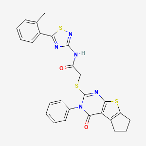 molecular formula C26H21N5O2S3 B6513808 N-[5-(2-methylphenyl)-1,2,4-thiadiazol-3-yl]-2-({12-oxo-11-phenyl-7-thia-9,11-diazatricyclo[6.4.0.0^{2,6}]dodeca-1(8),2(6),9-trien-10-yl}sulfanyl)acetamide CAS No. 892223-99-3