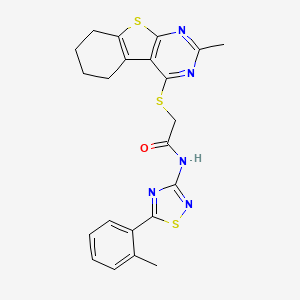 molecular formula C22H21N5OS3 B6513838 2-({5-methyl-8-thia-4,6-diazatricyclo[7.4.0.0^{2,7}]trideca-1(9),2(7),3,5-tetraen-3-yl}sulfanyl)-N-[5-(2-methylphenyl)-1,2,4-thiadiazol-3-yl]acetamide CAS No. 892224-81-6