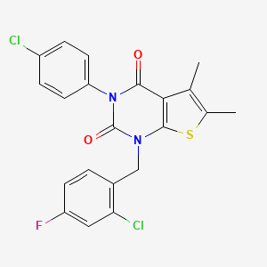 molecular formula C21H15Cl2FN2O2S B6514675 1-[(2-chloro-4-fluorophenyl)methyl]-3-(4-chlorophenyl)-5,6-dimethyl-1H,2H,3H,4H-thieno[2,3-d]pyrimidine-2,4-dione CAS No. 687580-89-8